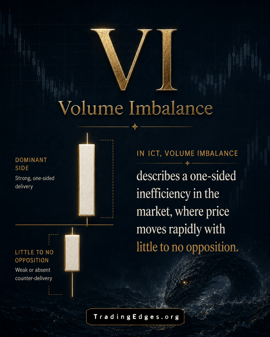 VI — Volume Imbalance · one-sided inefficiency: strong dominant-side delivery, little to no opposing delivery · slide 3/8
