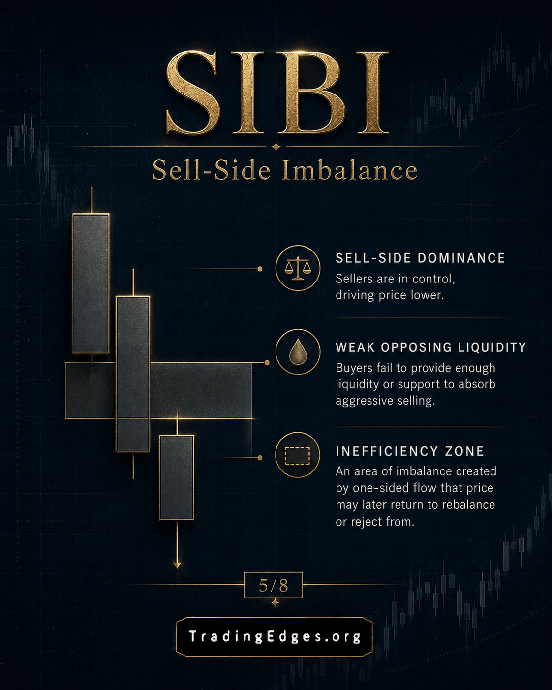 SIBI — Sell-Side Imbalance · sellers in control, weak opposing liquidity, an inefficiency zone price may return to rebalance or reject from · slide 5/8