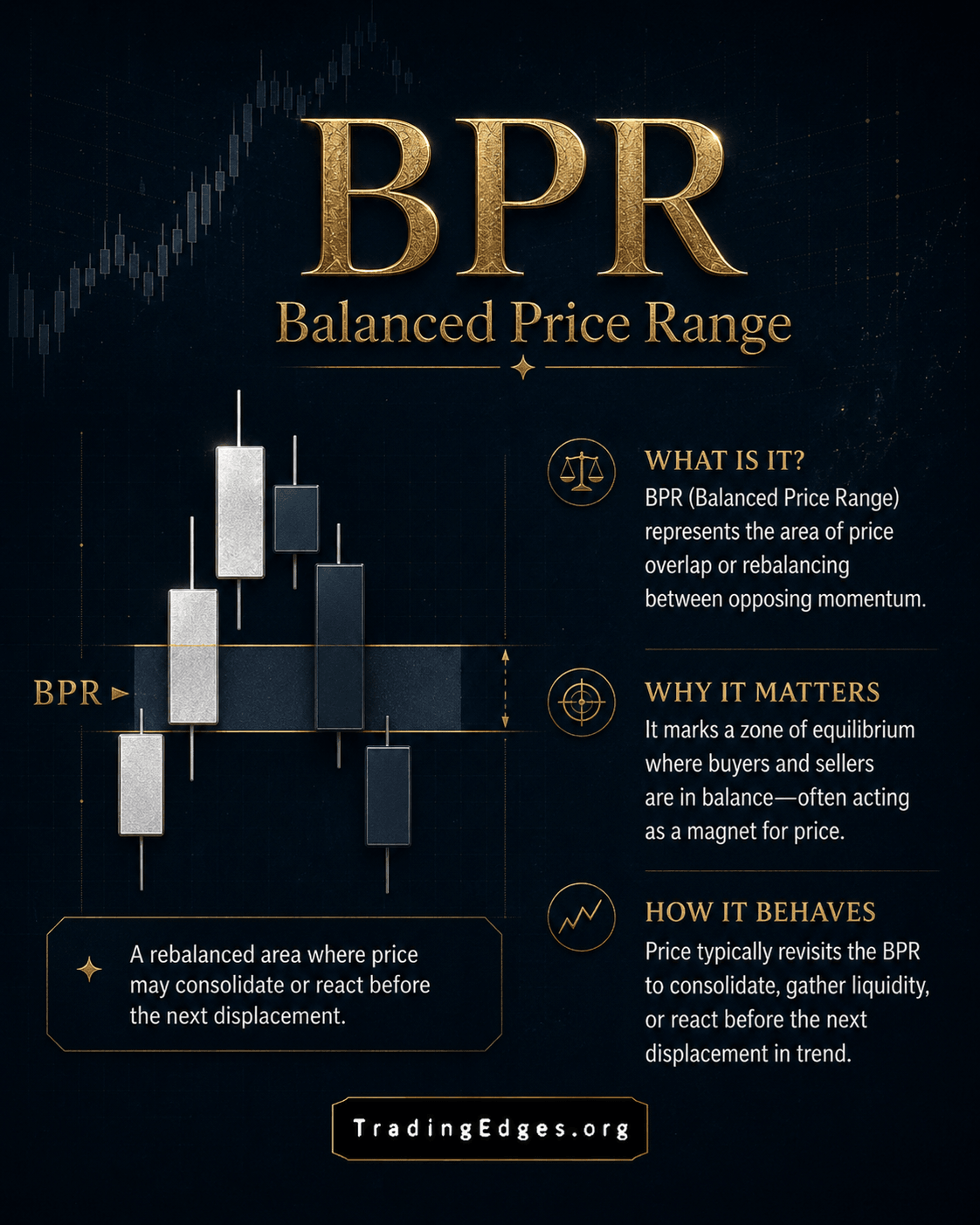 BPR — Balanced Price Range · overlap zone where both sides rebalanced; equilibrium that price consolidates around before the next displacement · slide 7/8
