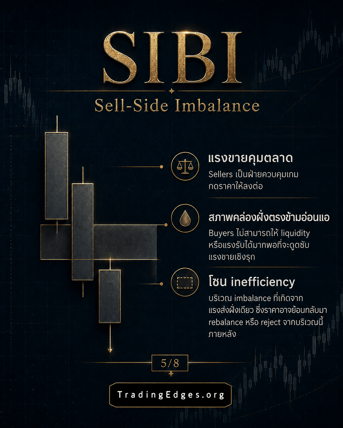 SIBI — Sell-Side Imbalance · ฝั่งขายครองตลาด liquidity ฝั่งตรงข้ามอ่อน · โซน inefficiency ที่ราคาอาจกลับมา rebalance หรือ reject · สไลด์ 5/8