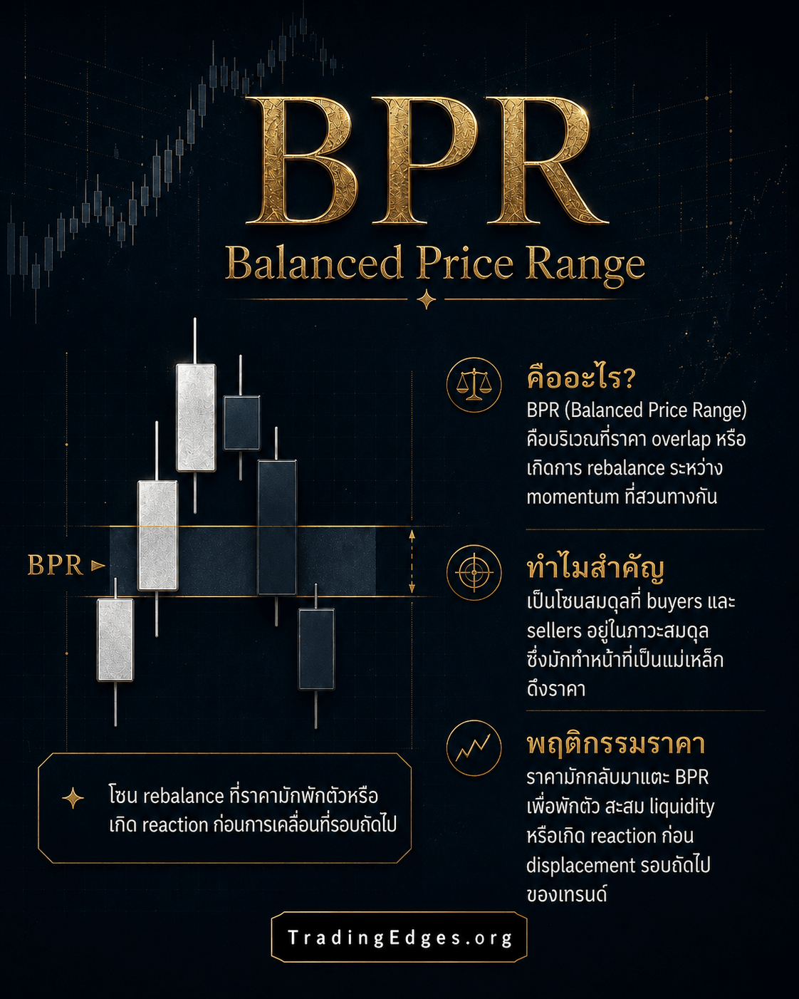 BPR — Balanced Price Range · บริเวณที่ FVG สองฝั่งซ้อนทับ — ตลาด rebalance แล้วทั้งสองทาง ราคามัก consolidate ก่อน displacement ถัดไป · สไลด์ 7/8