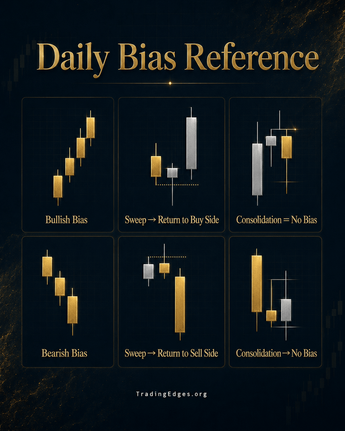 Daily Bias Reference — six patterns: bullish bias, sweep→buy side, consolidation no-bias / bearish bias, sweep→sell side, consolidation no-bias