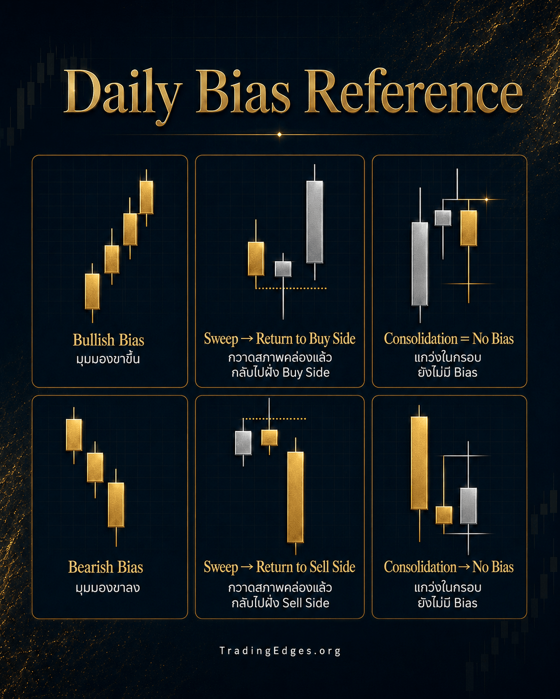 Daily Bias Reference — 6 รูปแบบ: มุมมองขาขึ้น · Sweep→กลับเข้า Buy Side · Consolidation = No Bias / มุมมองขาลง · Sweep→กลับเข้า Sell Side · แกว่งในกรอบ ยังไม่มี Bias