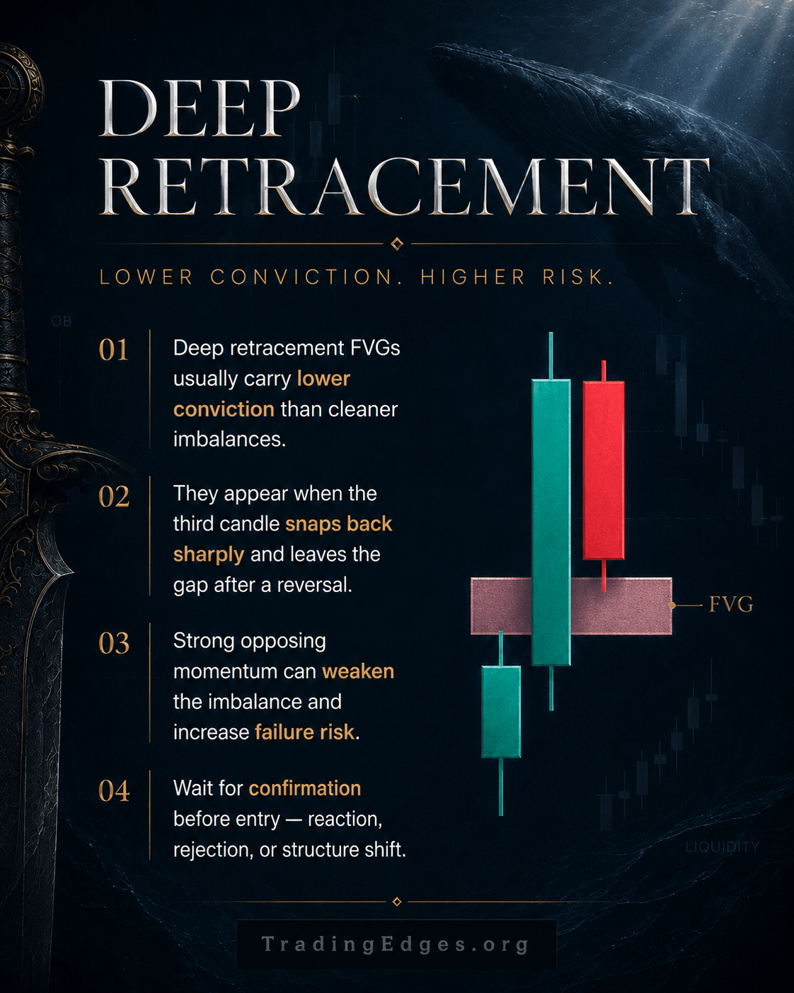 FVG anatomy — bullish FVG vs bearish FVG · 3-candle structure where wick 1 and wick 3 do not overlap · price returns to rebalance