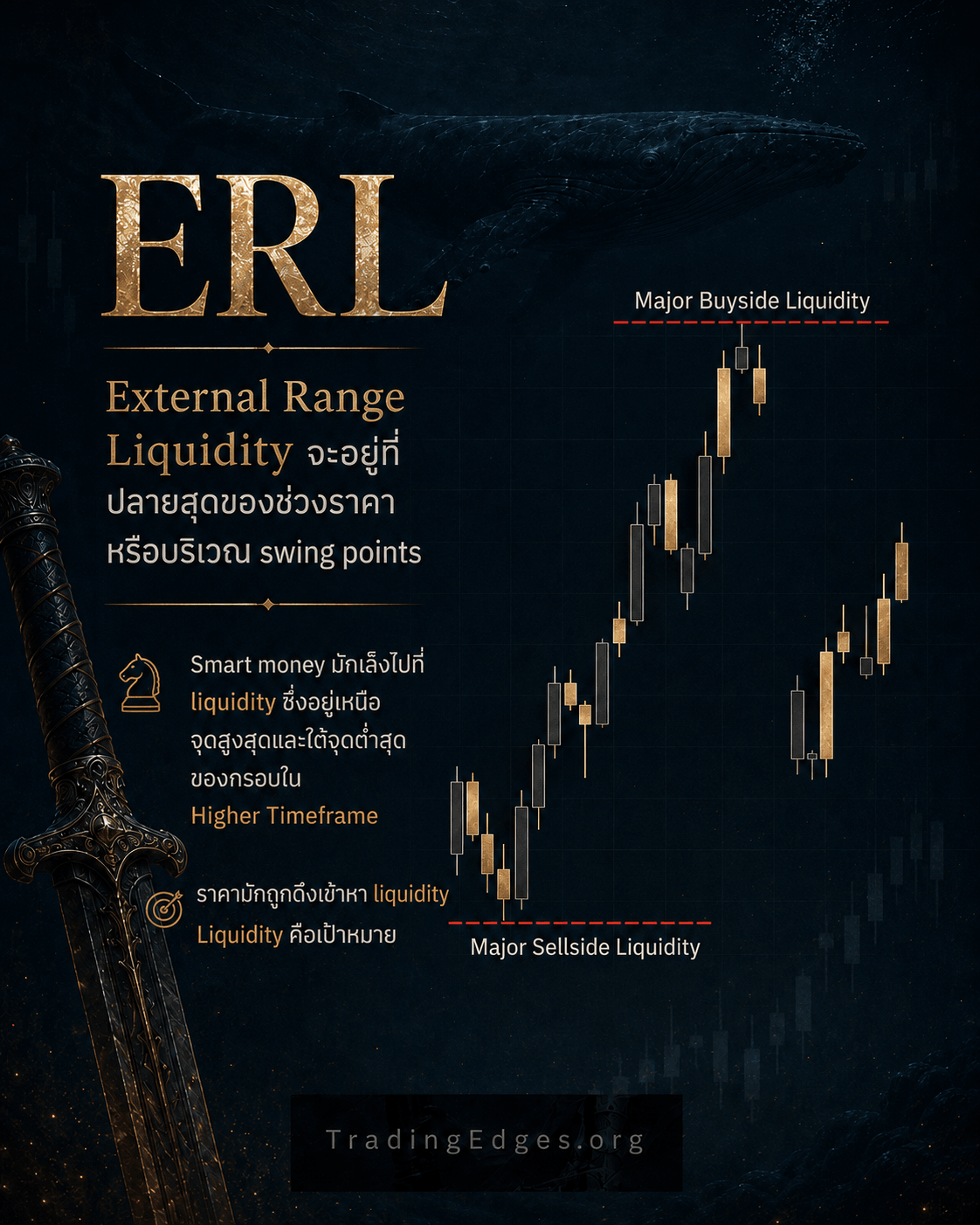 ERL ภาษาไทย — External Range Liquidity อยู่ที่ปลายสุดของช่วงราคาหรือบริเวณ swing points: Major Buyside และ Major Sellside Liquidity · TradingEdges — supporting ICT visual by TradingEdges, original Smart Money Concept artwork 2026.