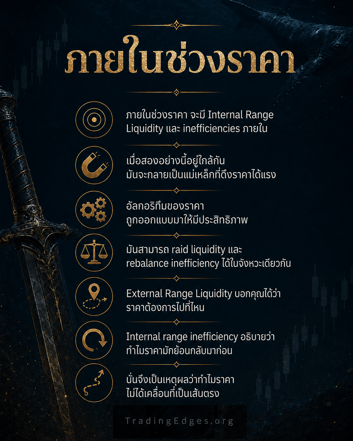 Dealing Range (Inside the Range) · TradingEdges ICT slide ภายในช่วงราคา (ภาษาไทย) — กฎของ dealing range: IRL และ inefficiencies เป็นแม่เหล็กดึงราคา, อัลกอริทึม raid liquidity และ rebalance ในจังหวะเดียวกัน · TradingEdges — supporting ICT visual by TradingEdges, original Smart Money Concept artwork 2026.