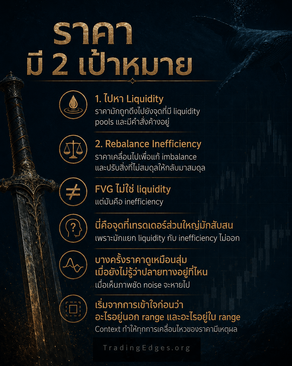 ราคามี 2 เป้าหมาย (ภาษาไทย) — 1. ไปหา Liquidity 2. Rebalance Inefficiency · FVG ไม่ใช่ liquidity แต่คือ inefficiency · TradingEdges — supporting ICT visual by TradingEdges, original Smart Money Concept artwork 2026.