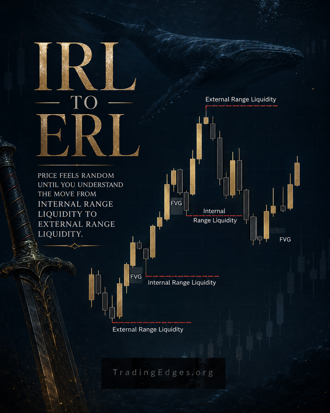 IRL to ERL — price feels random until you understand the move from internal range liquidity to external range liquidity — supporting ICT visual by TradingEdges, original Smart Money Concept artwork 2026.