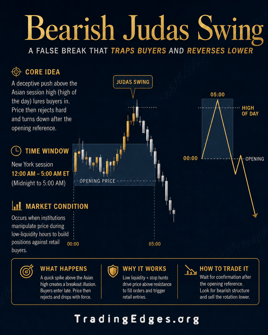Bearish Judas Swing — a false break above the Asian high that traps buyers and reverses lower · what happens, why it works, how to trade it