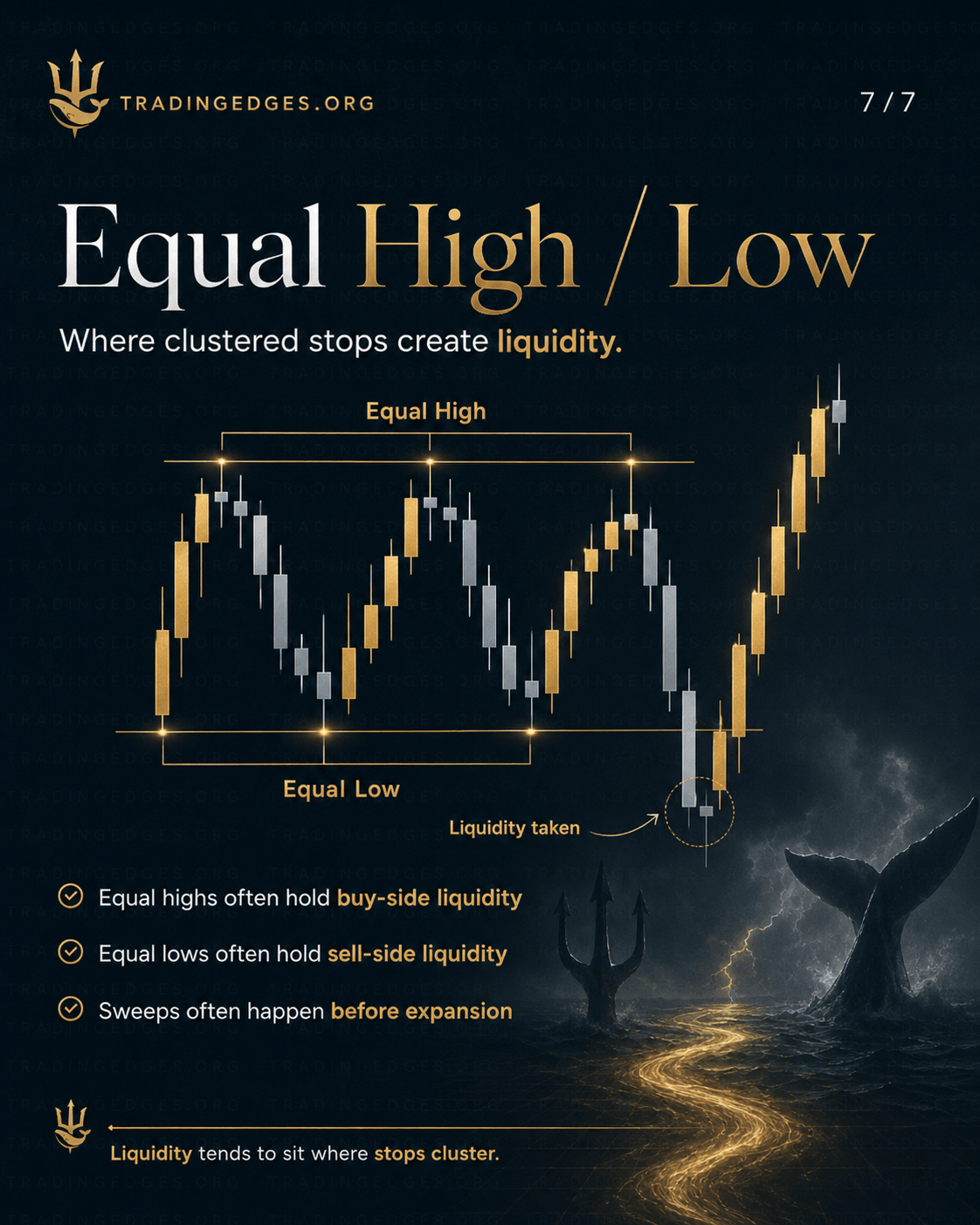 Liquidity sweep entry pattern · identify pool → sweep → BOS → retest OB/FVG → entry · 65-70% win rate when all steps confluence