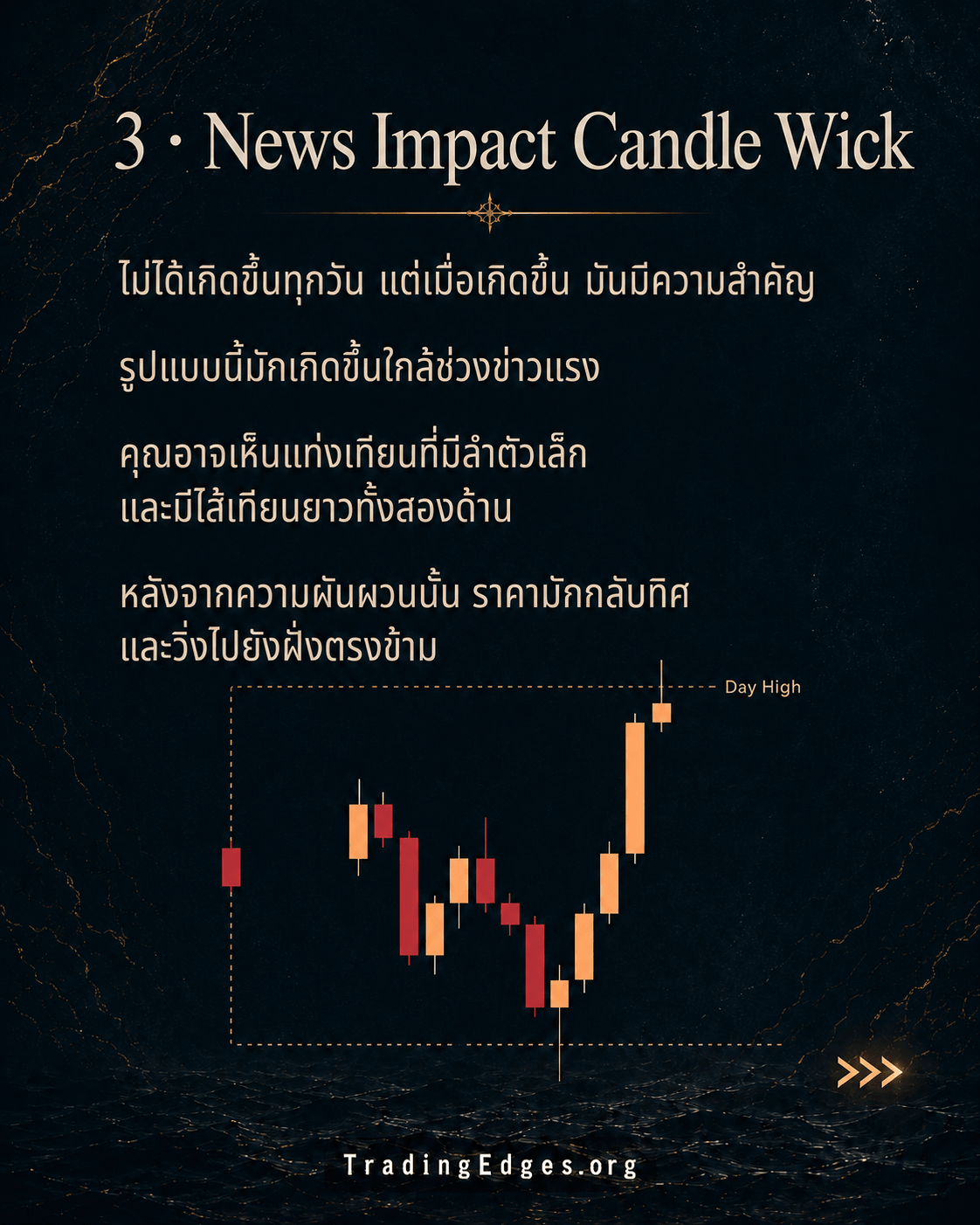 3 · News Impact Candle Wick — แท่งข่าวแรงมัก body เล็กและ wick ยาวทั้งสองด้าน · หลังความผันผวนจบ ราคามักกลับทิศและวิ่งไปฝั่งตรงข้ามของ wick