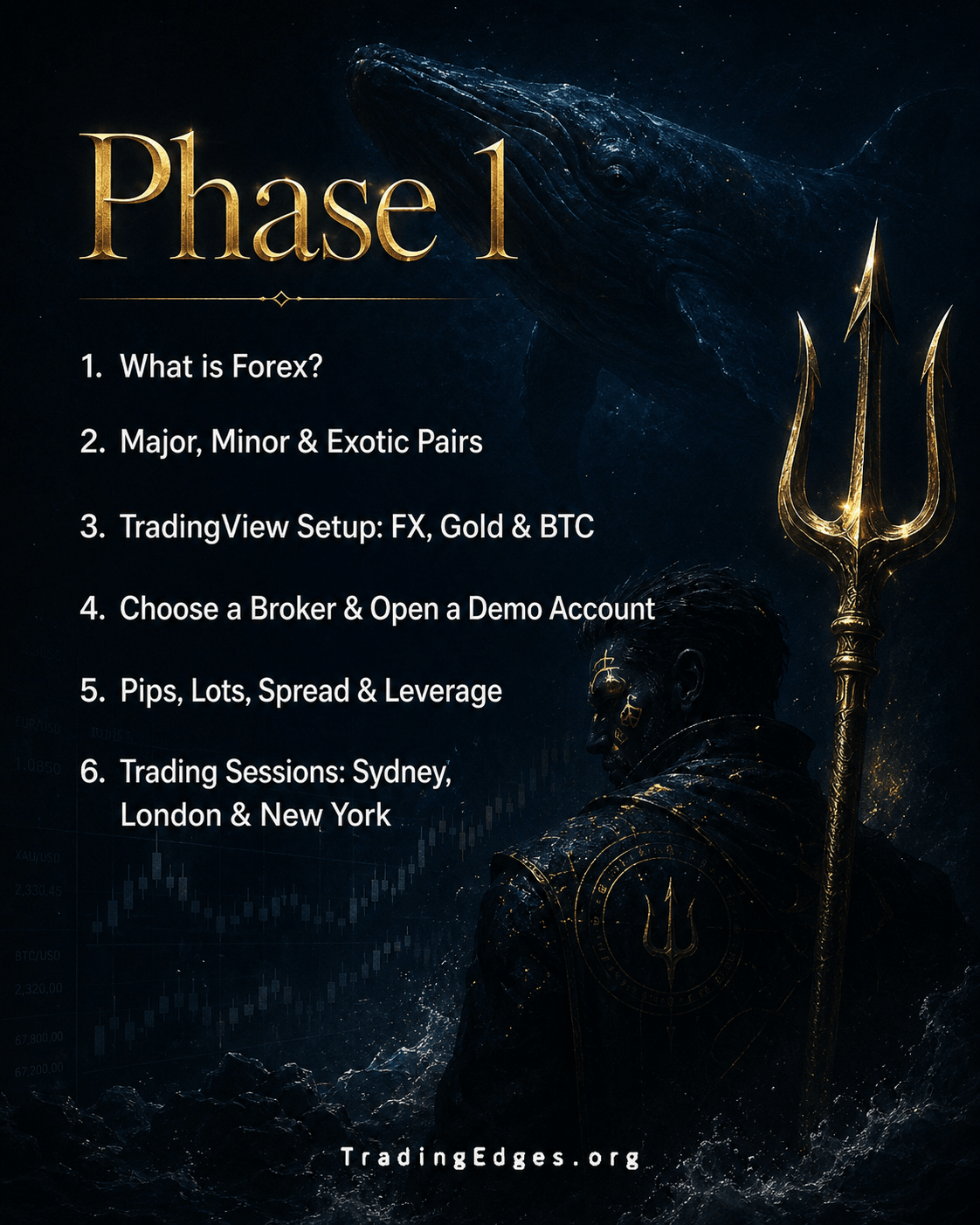 Phase 1 — what is forex, currency pairs, TradingView setup, broker + demo account, pips lots spread leverage, trading sessions