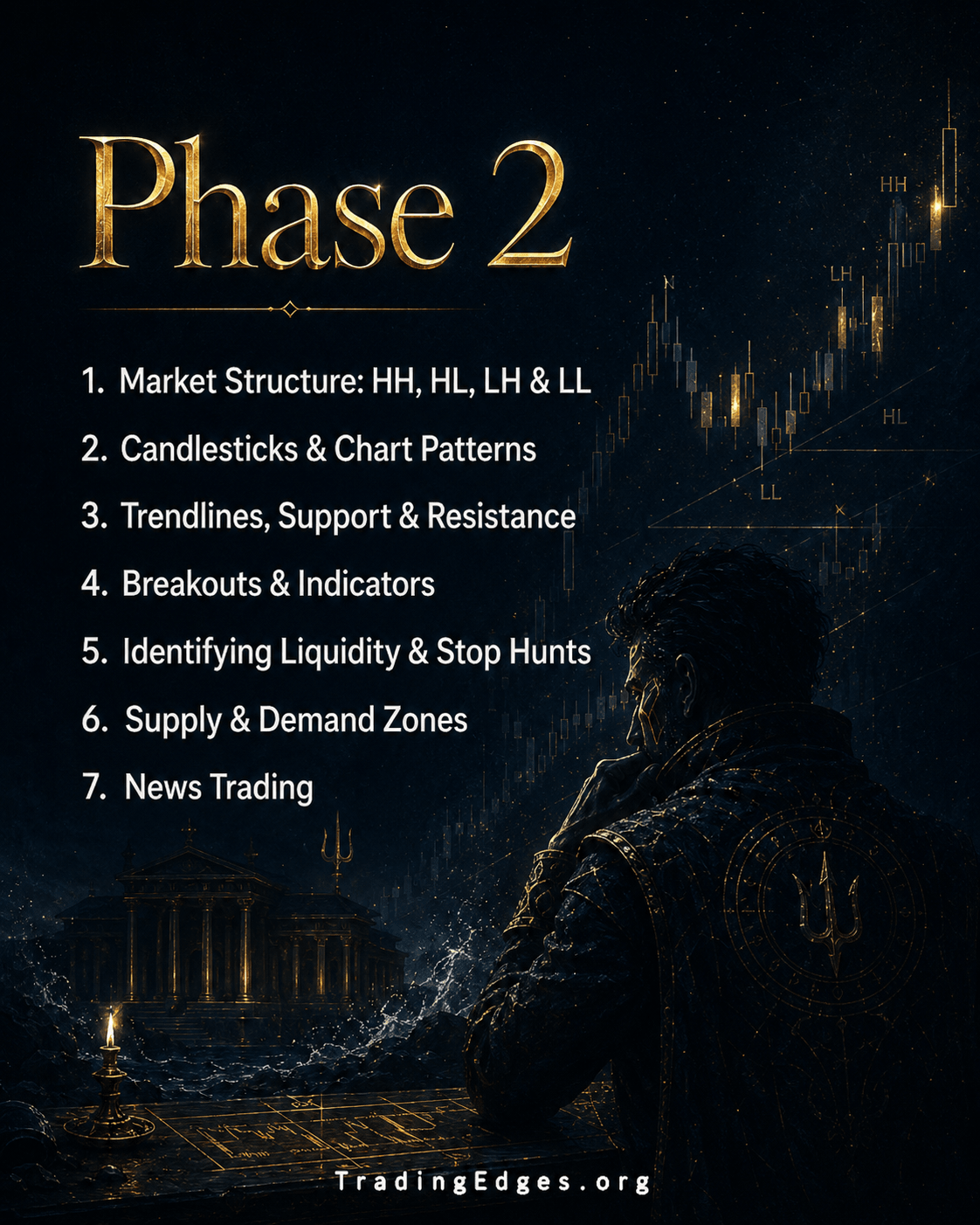 Phase 2 — market structure HH/HL/LH/LL, candlesticks, trendlines & S/R, breakouts, liquidity & stop hunts, supply & demand, news trading
