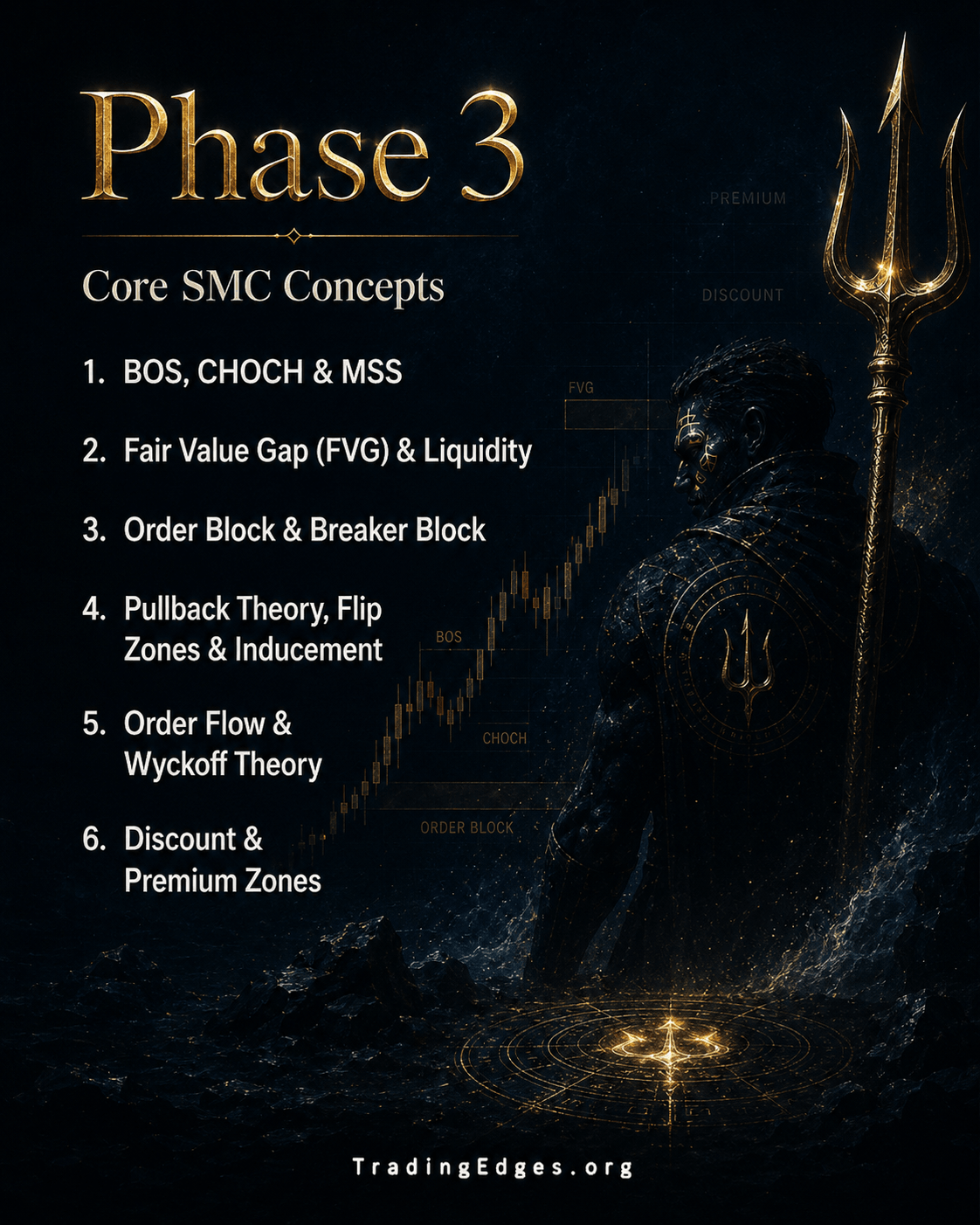 Phase 3 — Core SMC: BOS CHOCH MSS, FVG & liquidity, Order Block & Breaker, pullback flip zones inducement, order flow & Wyckoff, discount & premium
