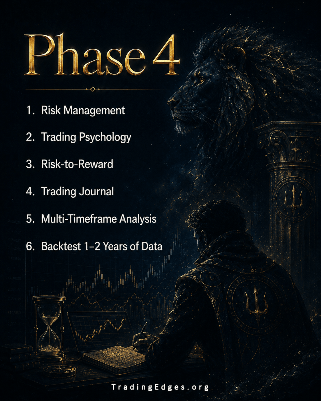 Phase 4 — risk management, trading psychology, risk-to-reward, trading journal, multi-timeframe analysis, backtest 1-2 years of data