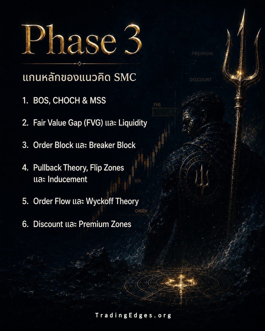 Phase 3 — Core SMC: BOS CHOCH MSS, FVG และ Liquidity, Order Block และ Breaker Block, Pullback Theory Flip Zones Inducement, Order Flow และ Wyckoff, Discount & Premium Zones