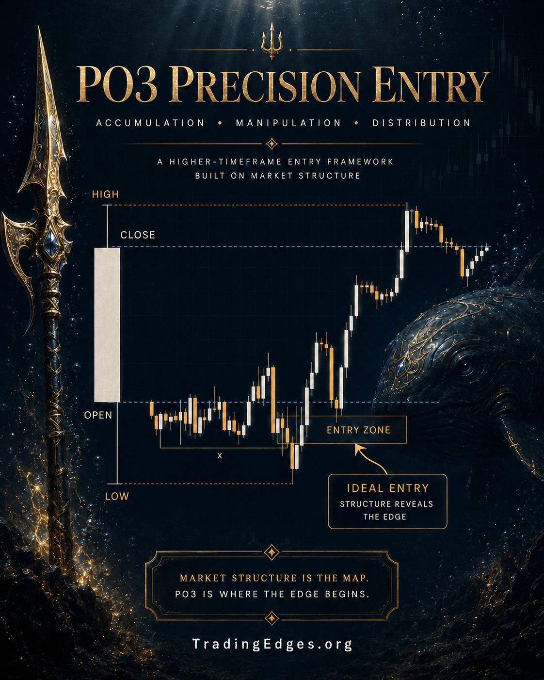 PO3 Precision Entry — a higher-timeframe entry framework built on market structure · the entry zone forms below the open during manipulation