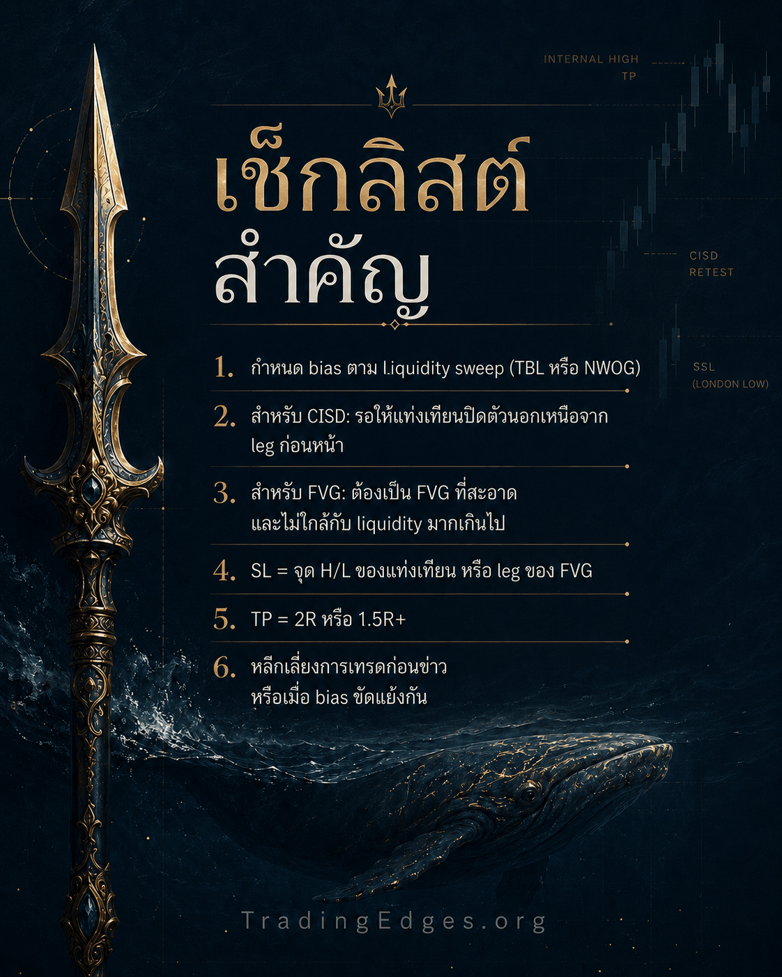 เช็คลิสต์สำคัญ Turtle Soup — กำหนด bias ตาม sweep · รอแท่งปิดยืนยัน (CISD) · FVG ต้องมาจาก displacement จริง · SL ที่ H/L ล่าสุด · TP 2R / 1.5R+ · เลี่ยงข่าวและ bias ขัดแย้ง